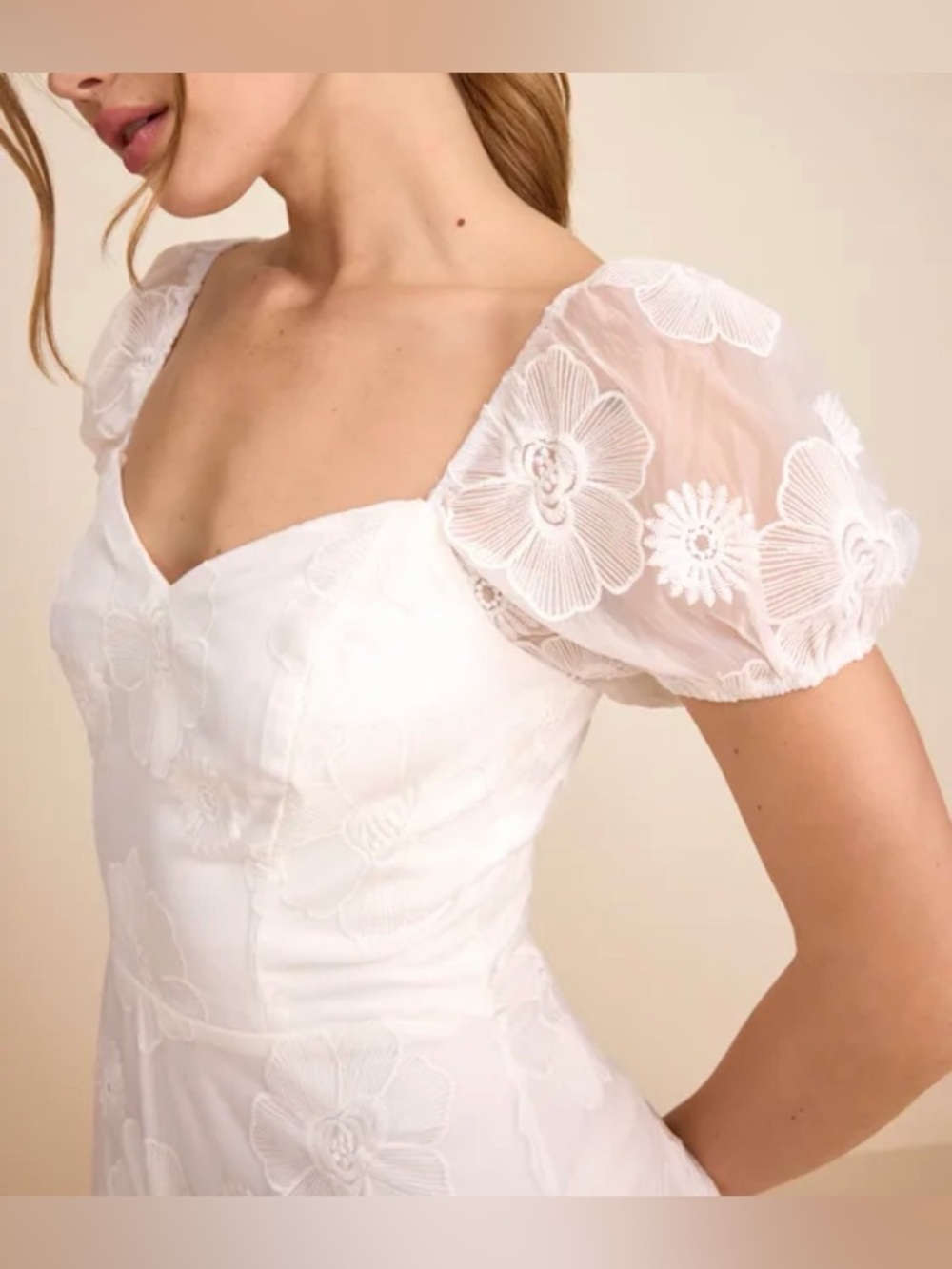 Lulus NWT “Sweetest Behavior” White Embroidered Puff Sleeve Midi Dress Sz Small - Picture 9 of 14